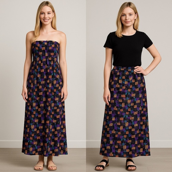 LuLaRoe Dresses & Skirts - LuLaRoe XS Colorful Maxi Skirt Abstract Print Black Base Convertible Dress NWT